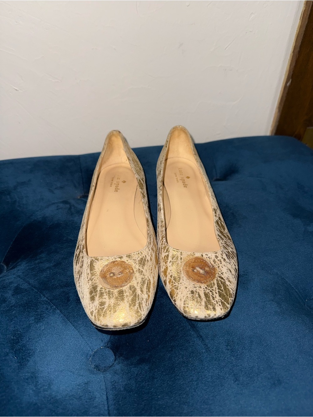 kate spade Metallic Gold and Cream Crackle Leather Ballet Flats